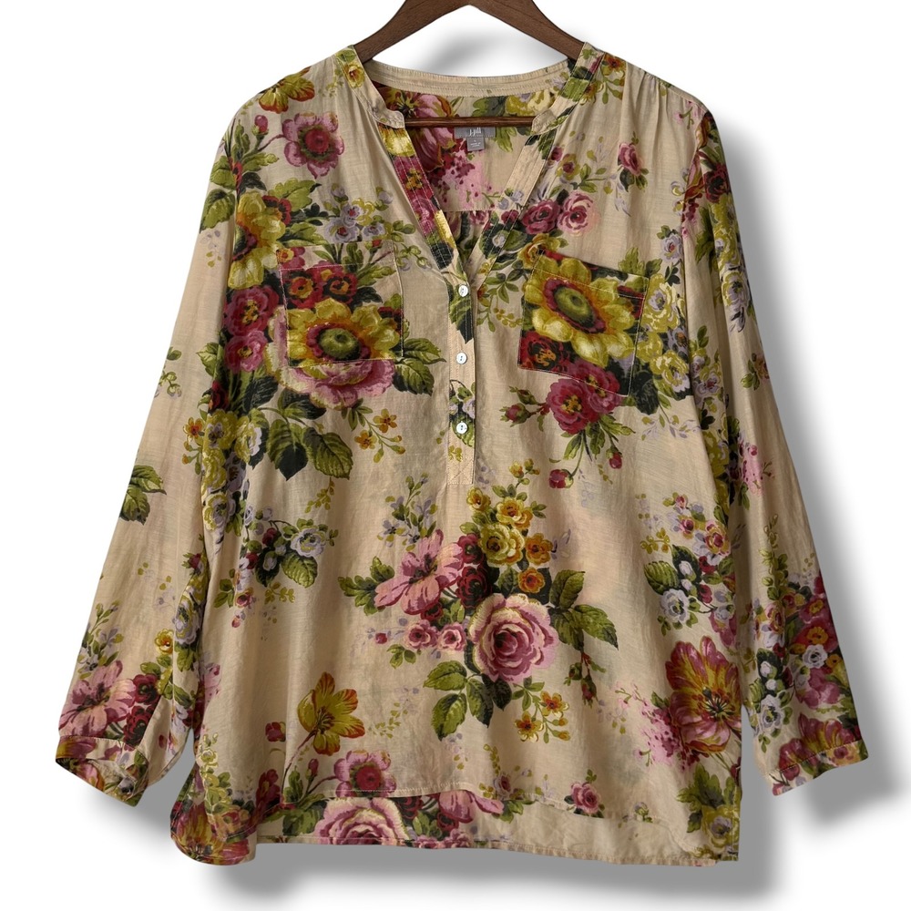 J. Jill Blouse L Tan Floral Cotton Silk Roll Tab Sleeve Popover Grandmacore Chic